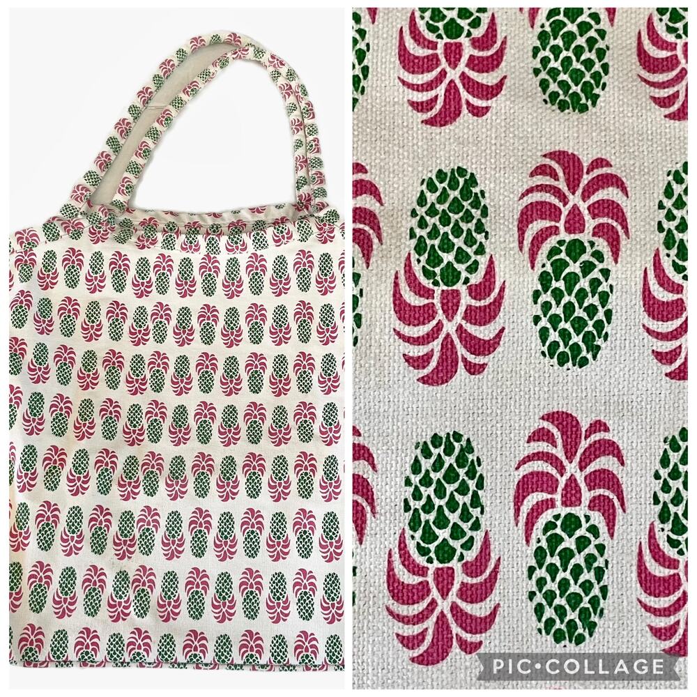 Rock Flower Paper Pineapple Motif Tote Bag Canvas Beach Errands Shopping Bag